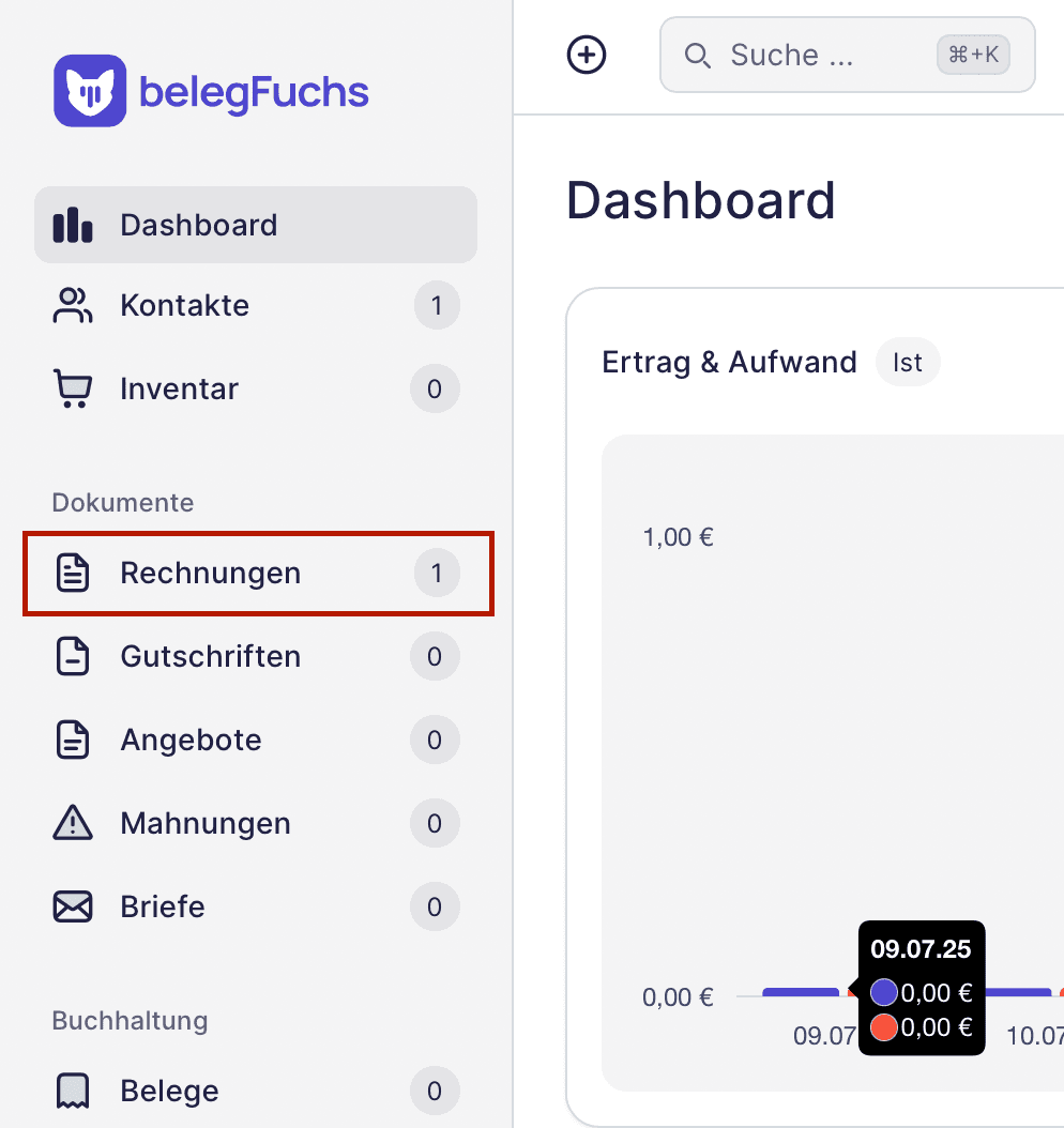 belegFuchs Dashboard Menü